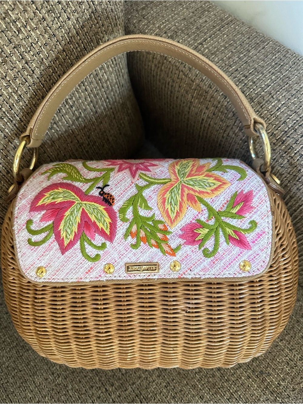 Eric Javits  Straw Top-Handle Bag with Pink Floral & Butterfly Embroided - Picture 2 of 3